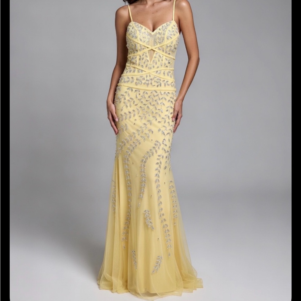 Yellow beaded mermaid gown silver and yellow jewelsSean Collection Formal 2 (C)